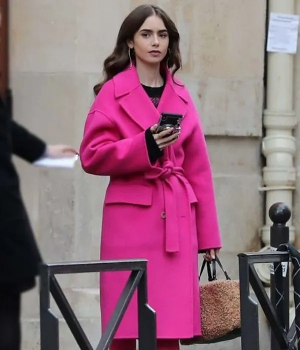 Emily in Paris Lily Collins Pink Wool Belted Coat