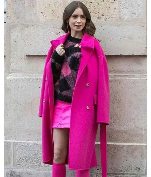 Emily in Paris Lily Collins Pink Wool Belted Coat