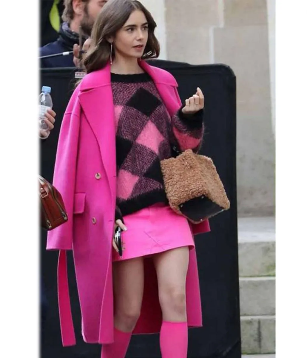 Emily in Paris Lily Collins Pink Wool Belted Coat