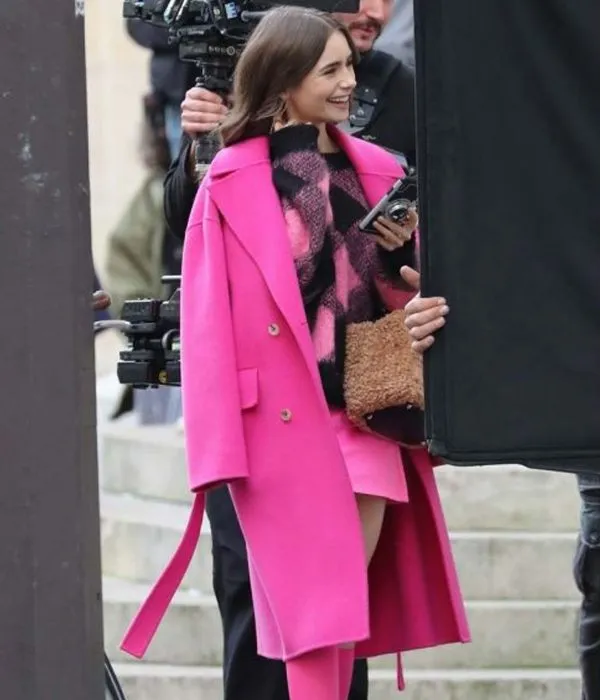 Emily in Paris Lily Collins Pink Wool Belted Coat