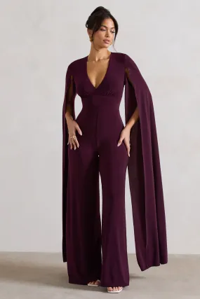 Emmanuela | Plum Plunge-Neck Wide-Leg Jumpsuit With Cape Sleeves