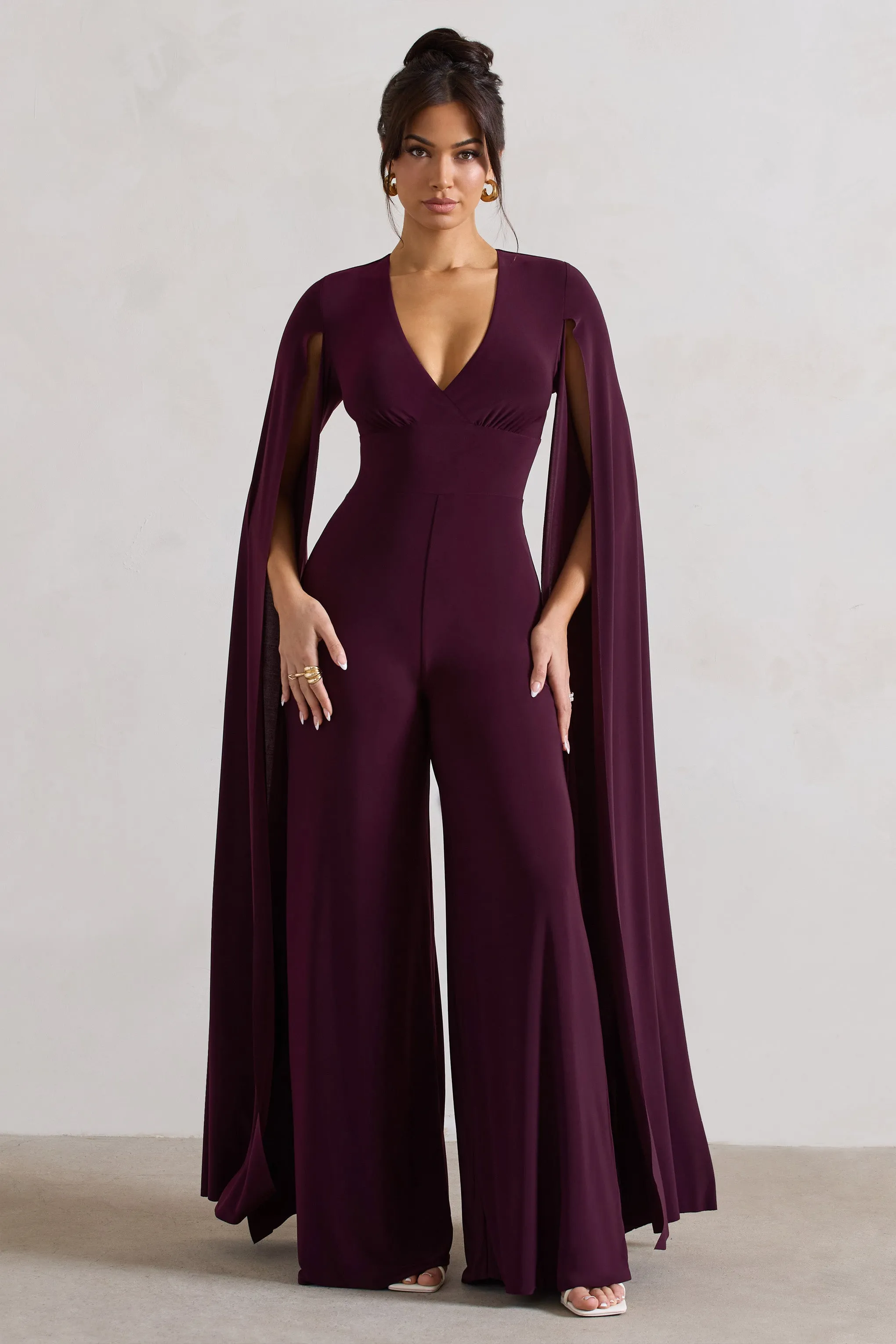 Emmanuela | Plum Plunge-Neck Wide-Leg Jumpsuit With Cape Sleeves