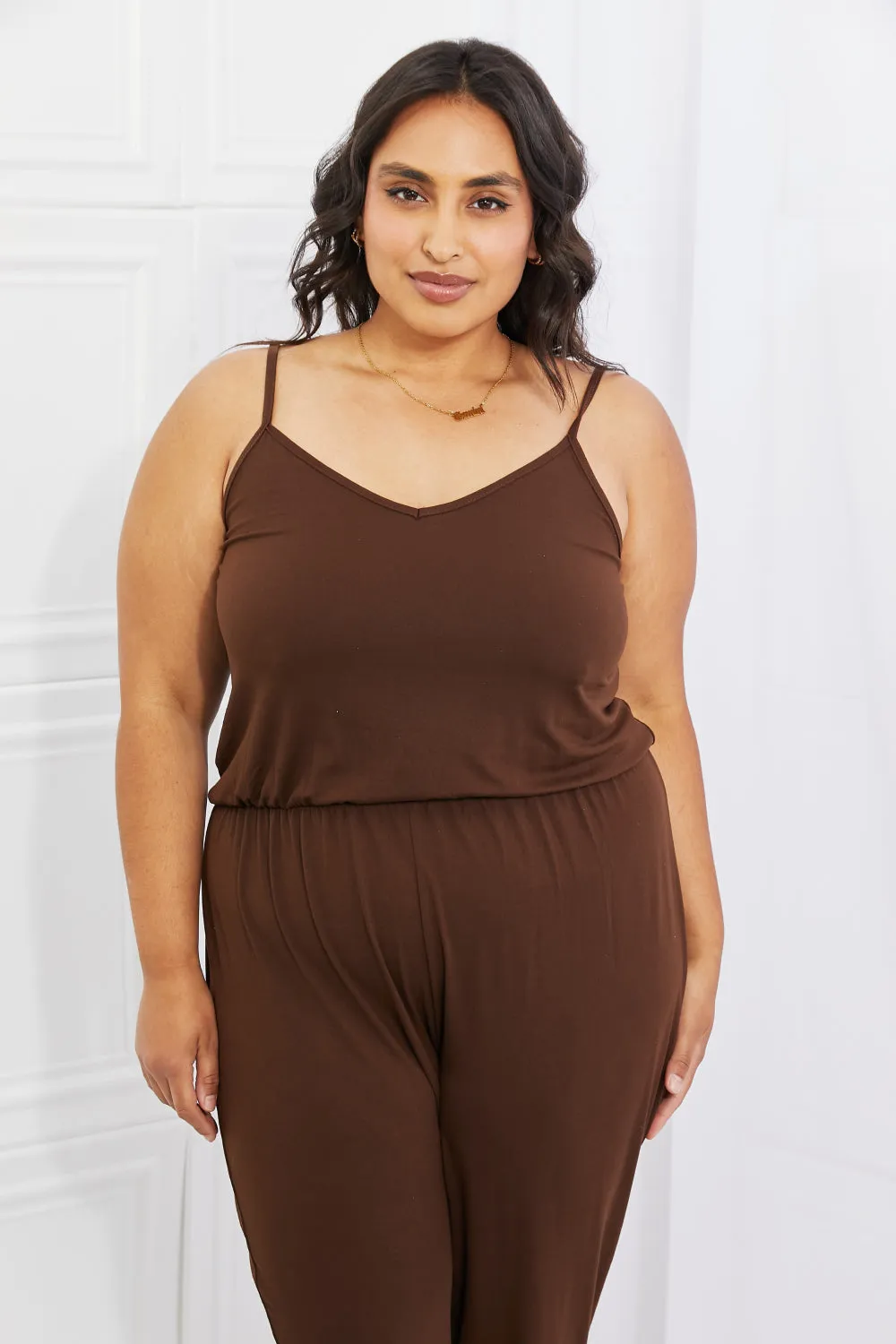 Full Size Solid Elastic Waistband Jumpsuit in Chocolate