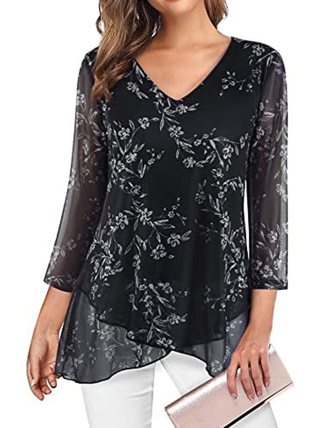 Graphic Floral Asymmetric Long Sleeve Women's Blouse