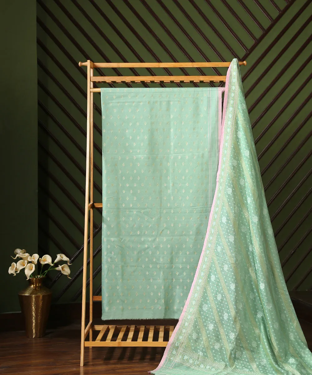 Handloom Sea Green Jamdani Banarasi Suit Set In Handspun Cotton Twisted with Katan Silk