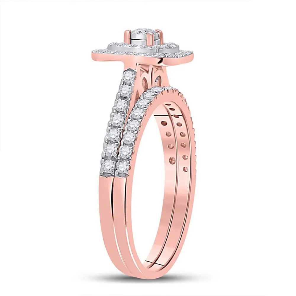 Keene Jewelers 10kt Rose Gold Round Diamond Halo Bridal Wedding Ring Band Set 1/4 Cttw