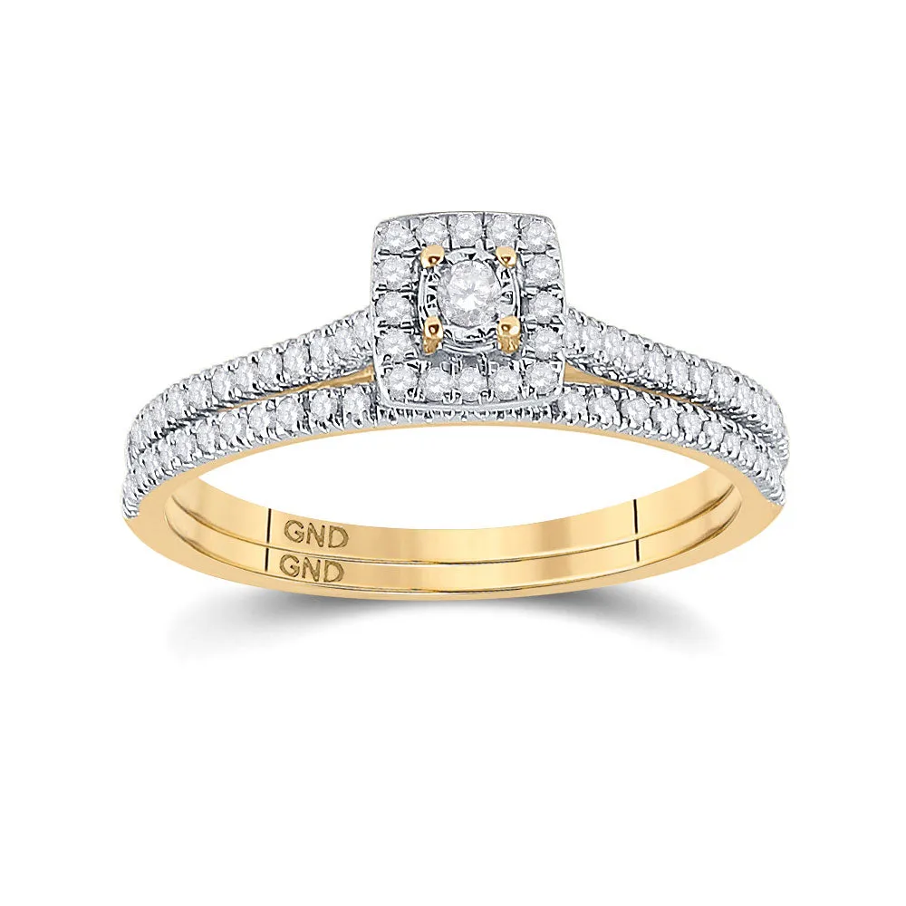 Keene Jewelers 10kt Yellow Gold Round Diamond Halo Bridal Wedding Ring Band Set 1/4 Cttw