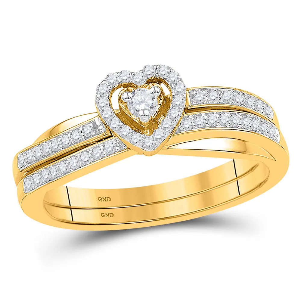 Keene Jewelers 10kt Yellow Gold Round Diamond Heart Bridal Wedding Ring Band Set 1/4 Cttw