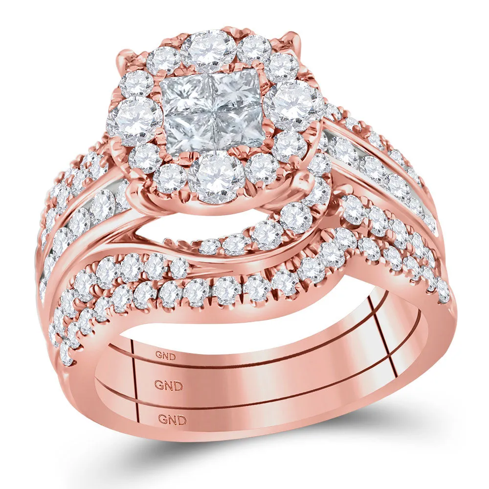 Keene Jewelers 14kt Rose Gold Princess Round Diamond Bridal Wedding Ring Band Set 2-1/2 Cttw