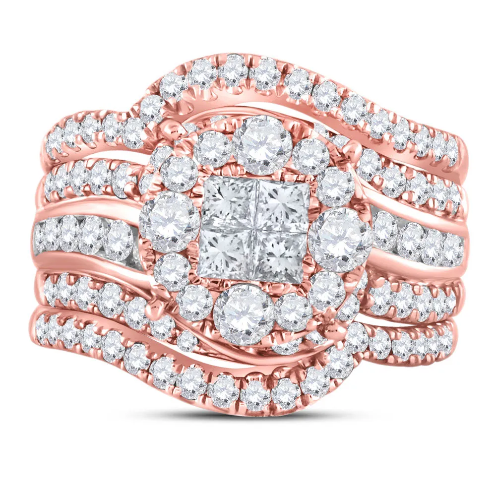 Keene Jewelers 14kt Rose Gold Princess Round Diamond Bridal Wedding Ring Band Set 2-1/2 Cttw