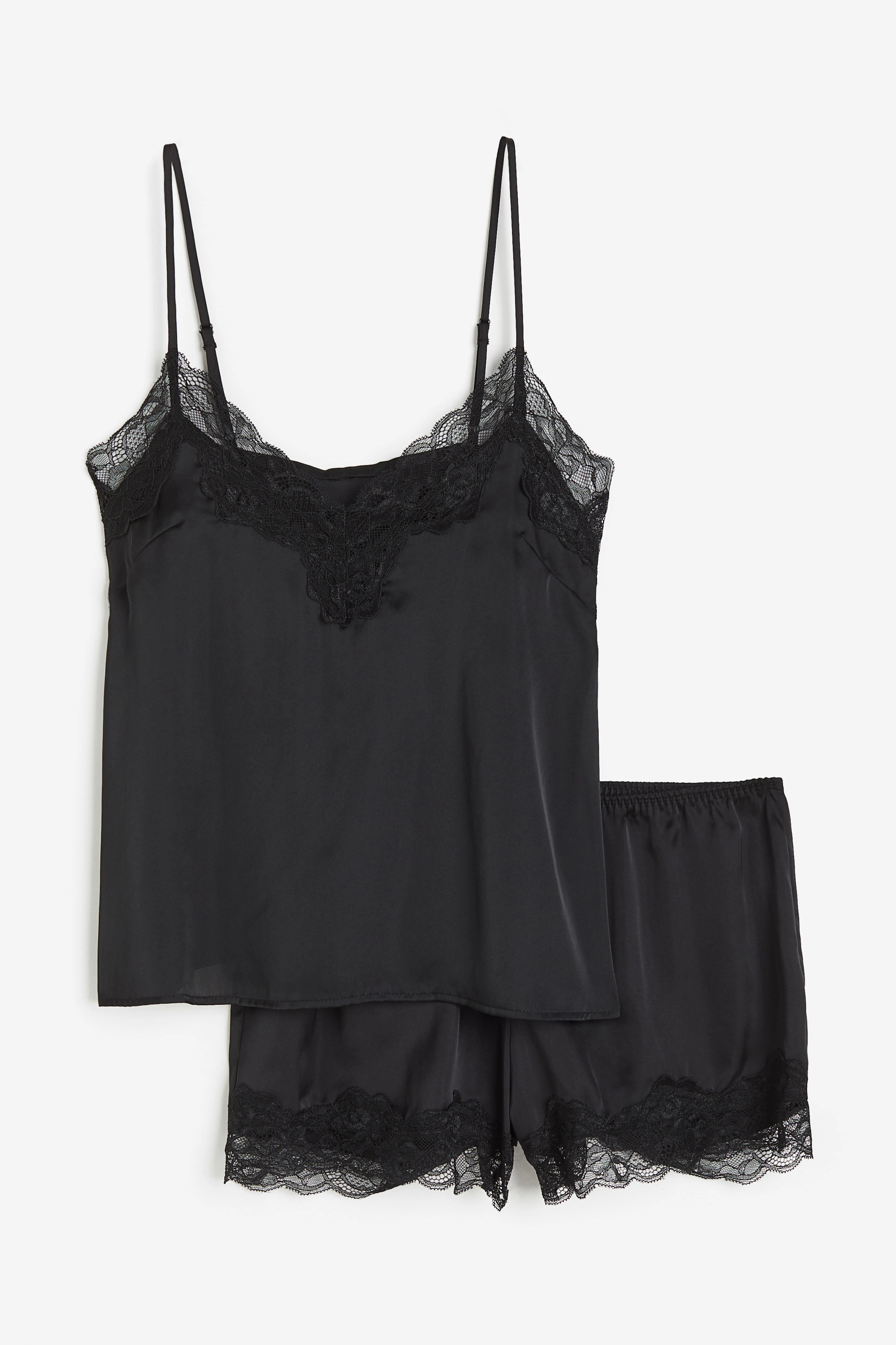 Lace-trimmed satin pyjamas - V-neck - Sleeveless - Black - Ladies | H&M GB