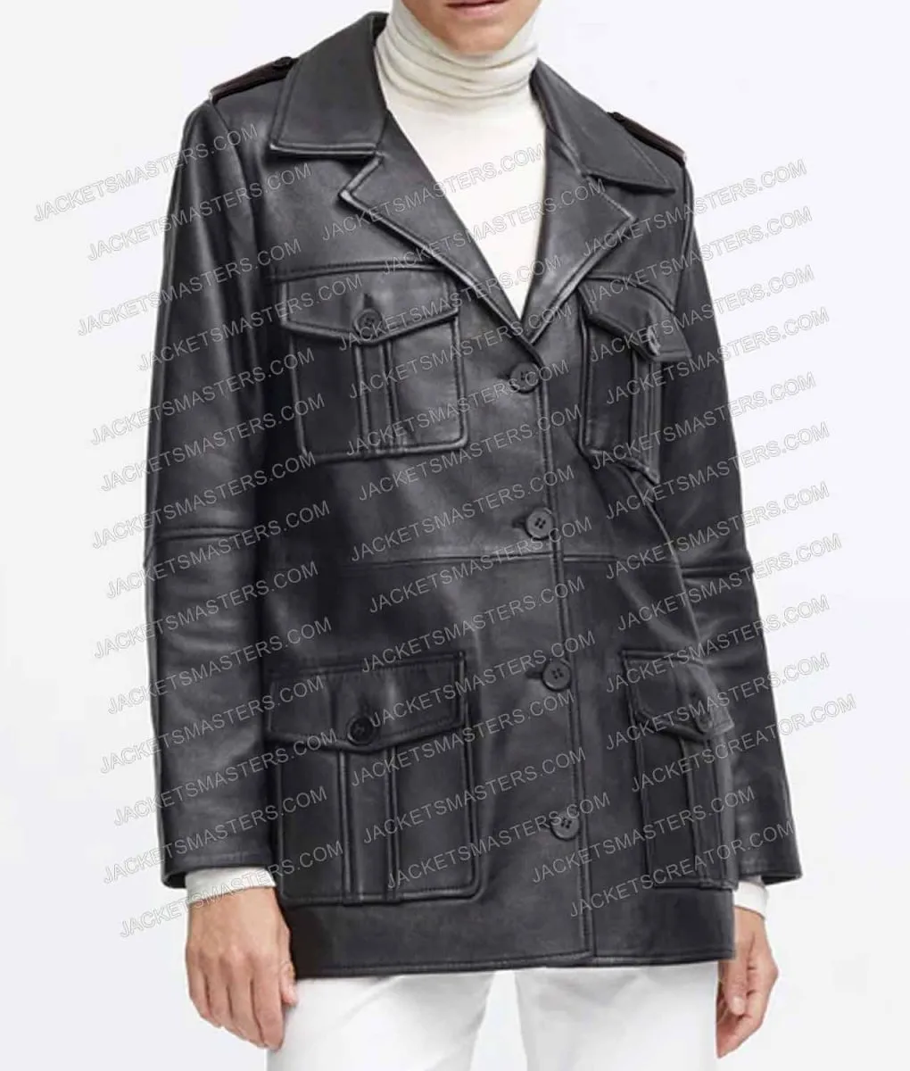 Maya Hawke Stranger Things Black Mid Length Leather Coat