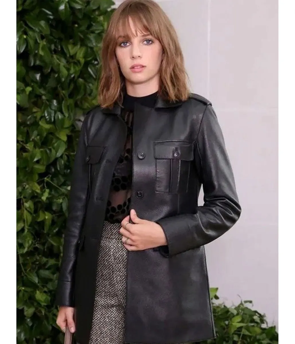 Maya Hawke Stranger Things Black Mid Length Leather Coat