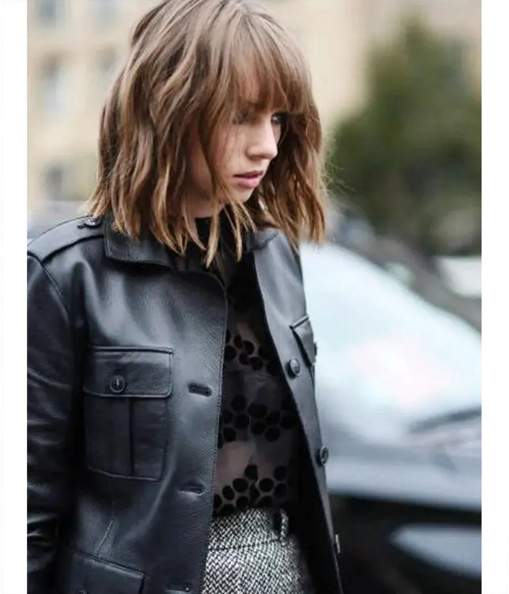 Maya Hawke Stranger Things Black Mid Length Leather Coat