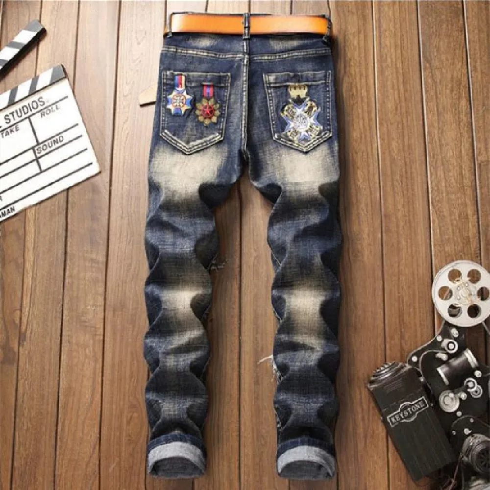 Men's American Blue Badge Embroidered Ripped Straight Leg Jeans Pants