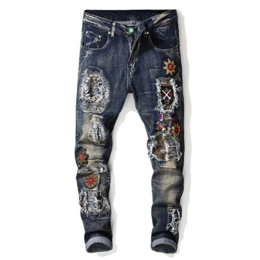 Men's American Blue Badge Embroidered Ripped Straight Leg Jeans Pants