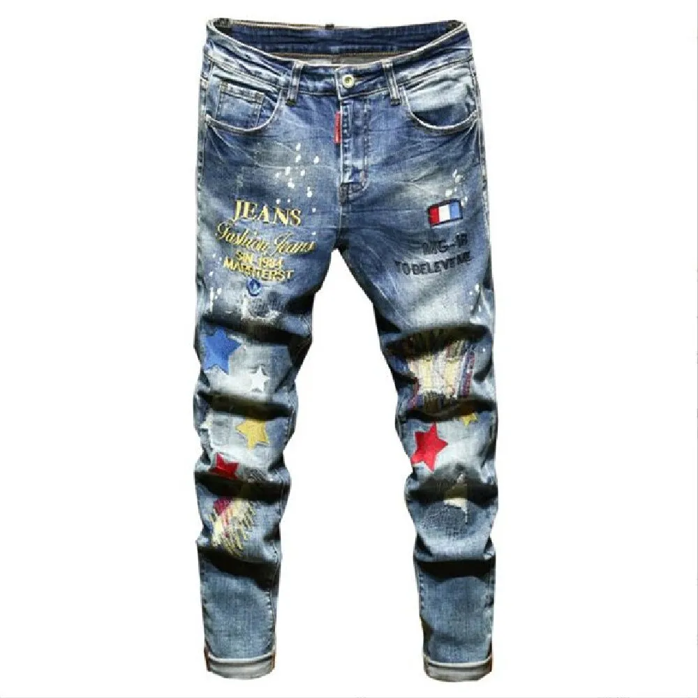 Men's Blue Embroidery Streetwear Stretch Casual Ripped Skinny Jeans Pants