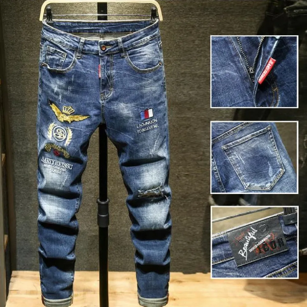 Men's Casual Embroidery Slim Fit Ripped Stretch Mid Waist Skinny Jeans Pants