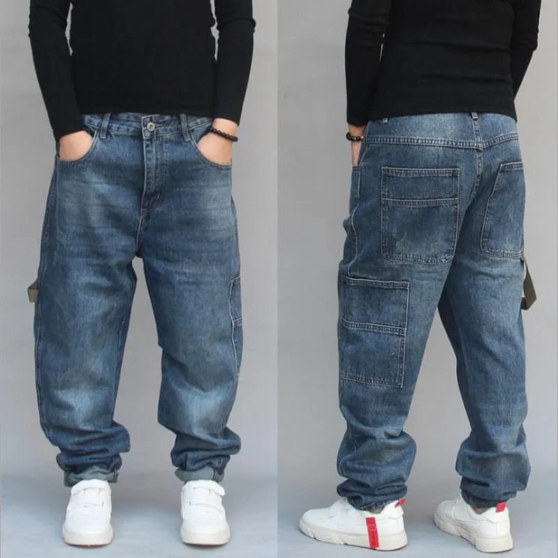 Men's Denim Blue Hip-hop Patchwork Loose Streetwear Harem Pants