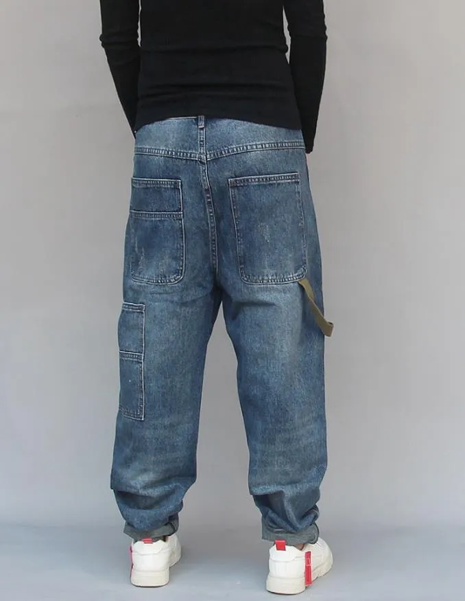 Men's Denim Blue Hip-hop Patchwork Loose Streetwear Harem Pants