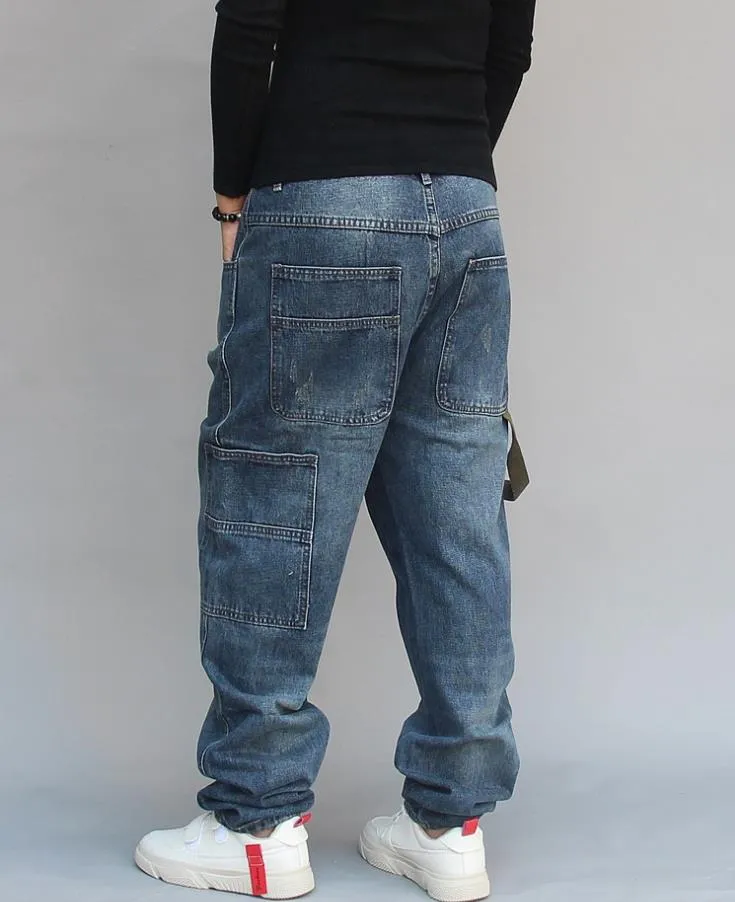 Men's Denim Blue Hip-hop Patchwork Loose Streetwear Harem Pants