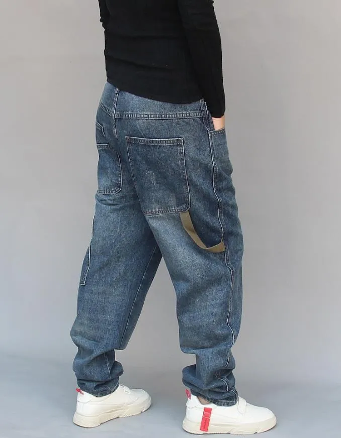 Men's Denim Blue Hip-hop Patchwork Loose Streetwear Harem Pants