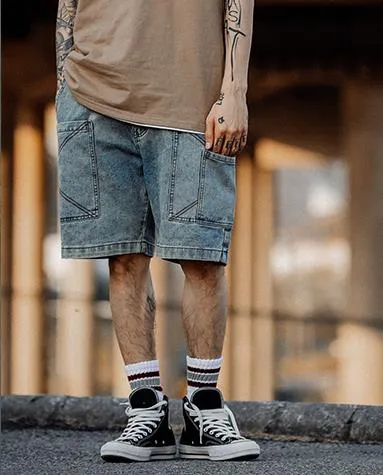 Men's Denim Casual Knee Length Solid Pattern Cargo Short Pants