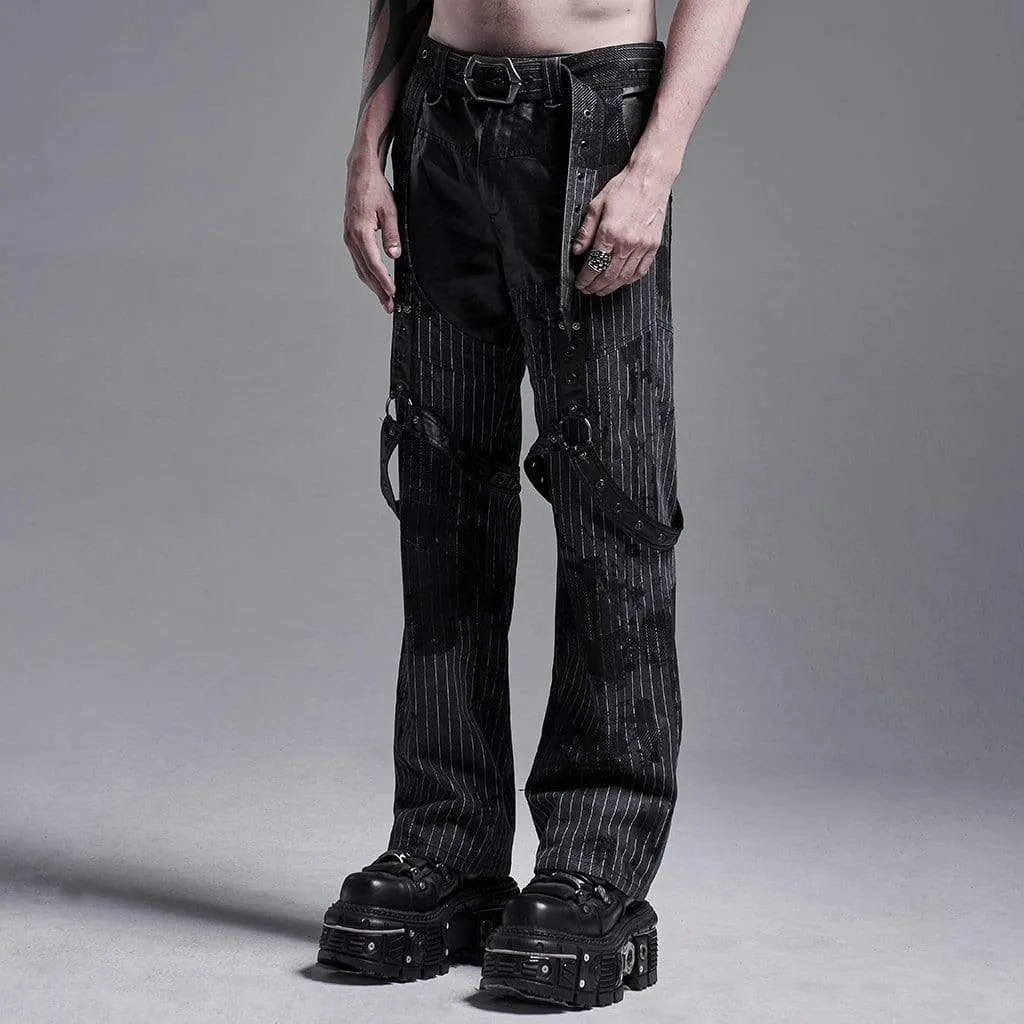 Men's Gothic Faux Leather Splicing  Striped Pants With Harness