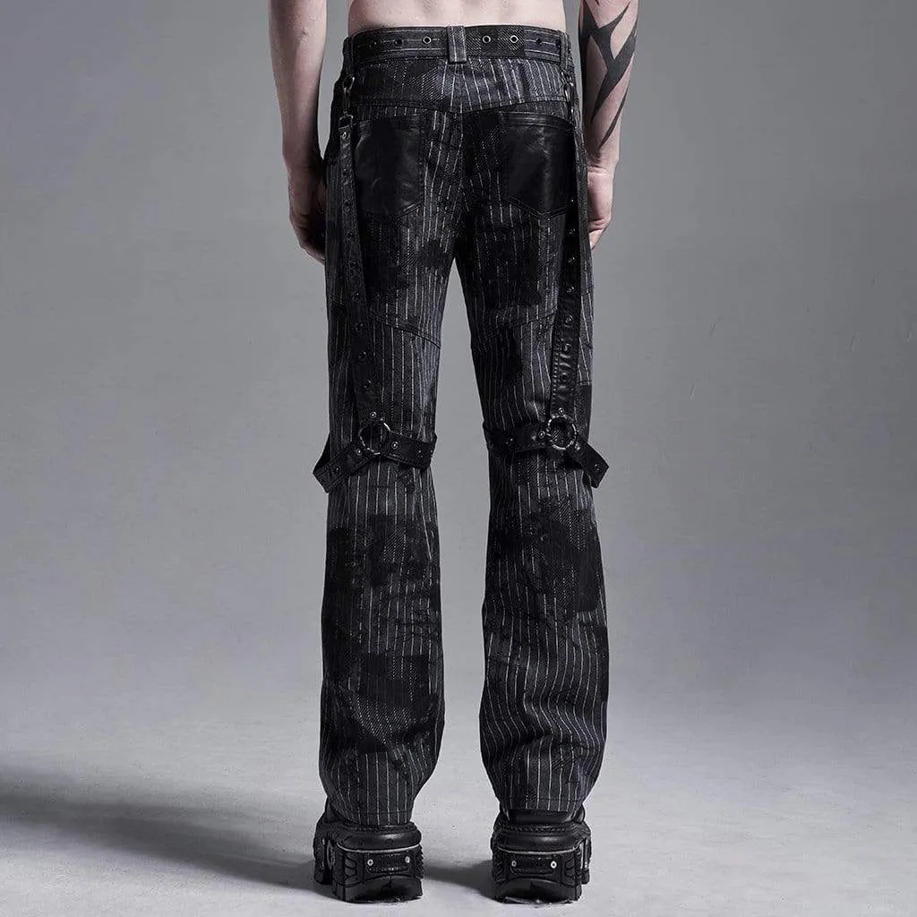 Men's Gothic Faux Leather Splicing  Striped Pants With Harness