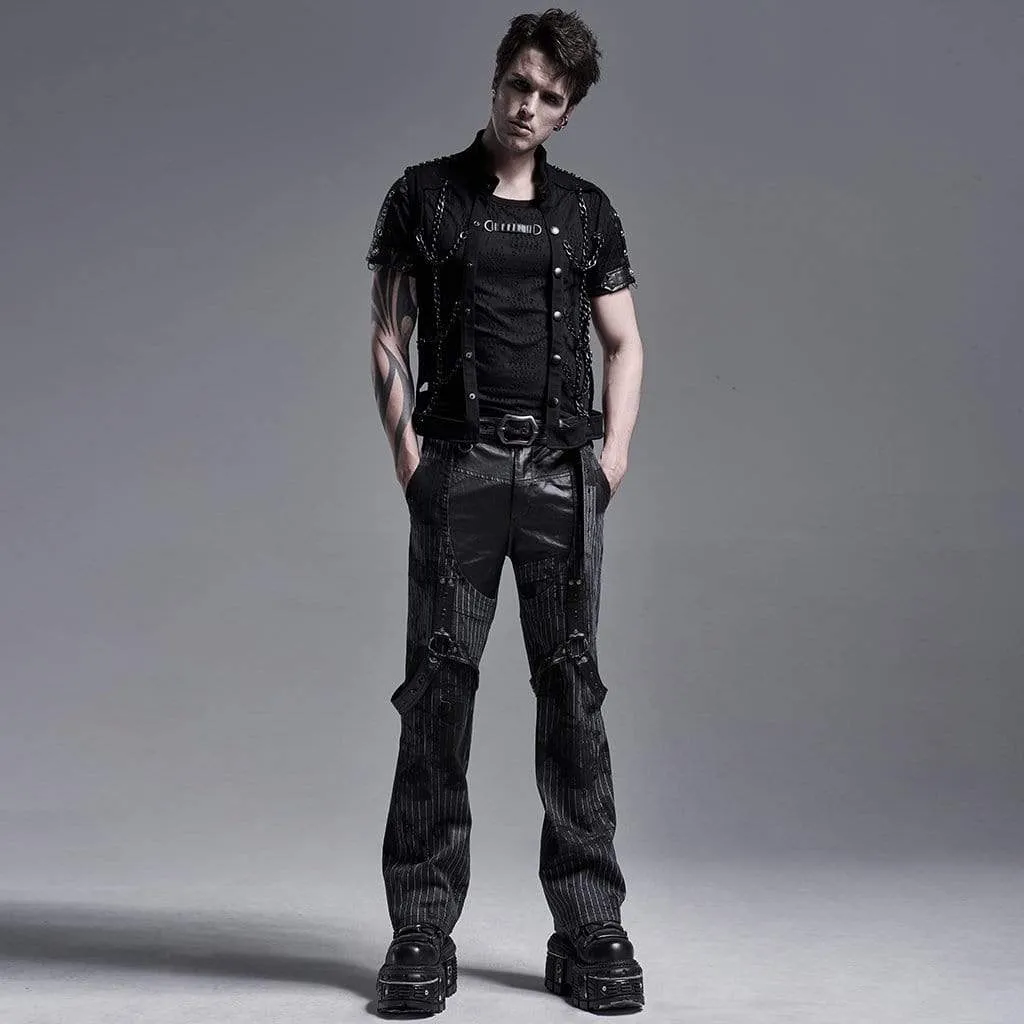 Men's Gothic Faux Leather Splicing  Striped Pants With Harness