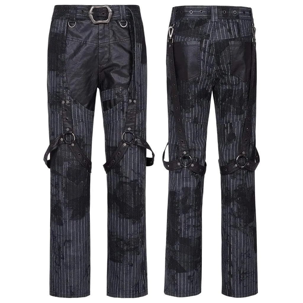 Men's Gothic Faux Leather Splicing  Striped Pants With Harness