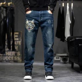 Men's Hip Hop Denim Baggy Embroidery Casual Straight-Leg Pants