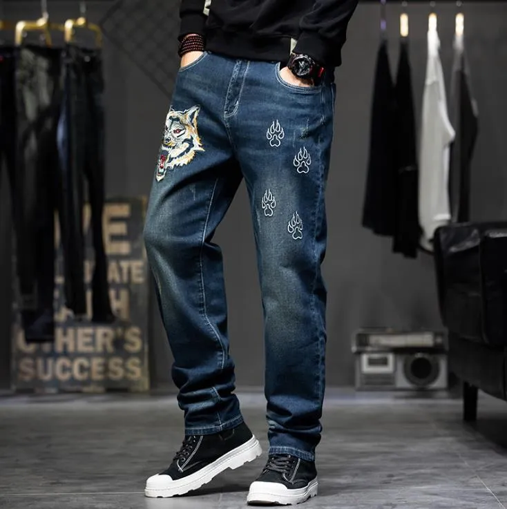 Men's Hip Hop Denim Baggy Embroidery Casual Straight-Leg Pants