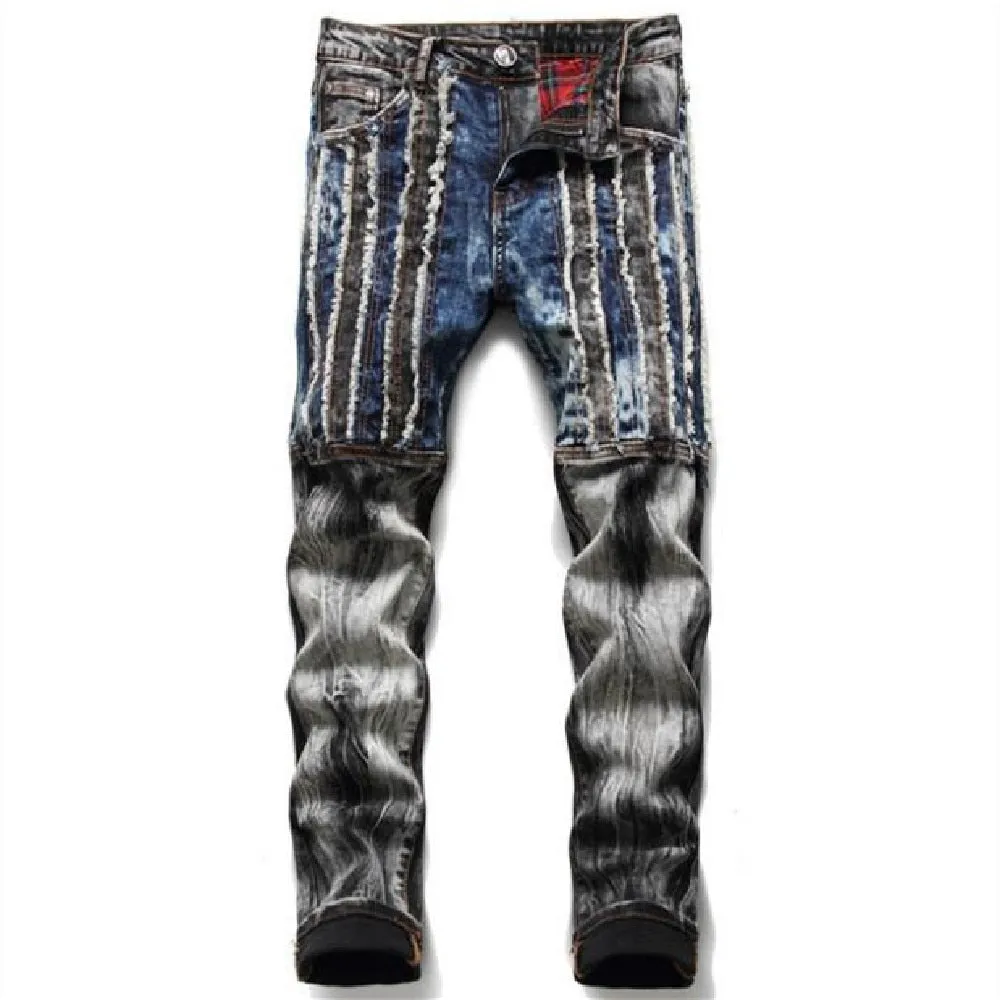 Men's Hip-Hop Denim Patchwork Splicing Color Slim Fit Skinny Jeans Pants