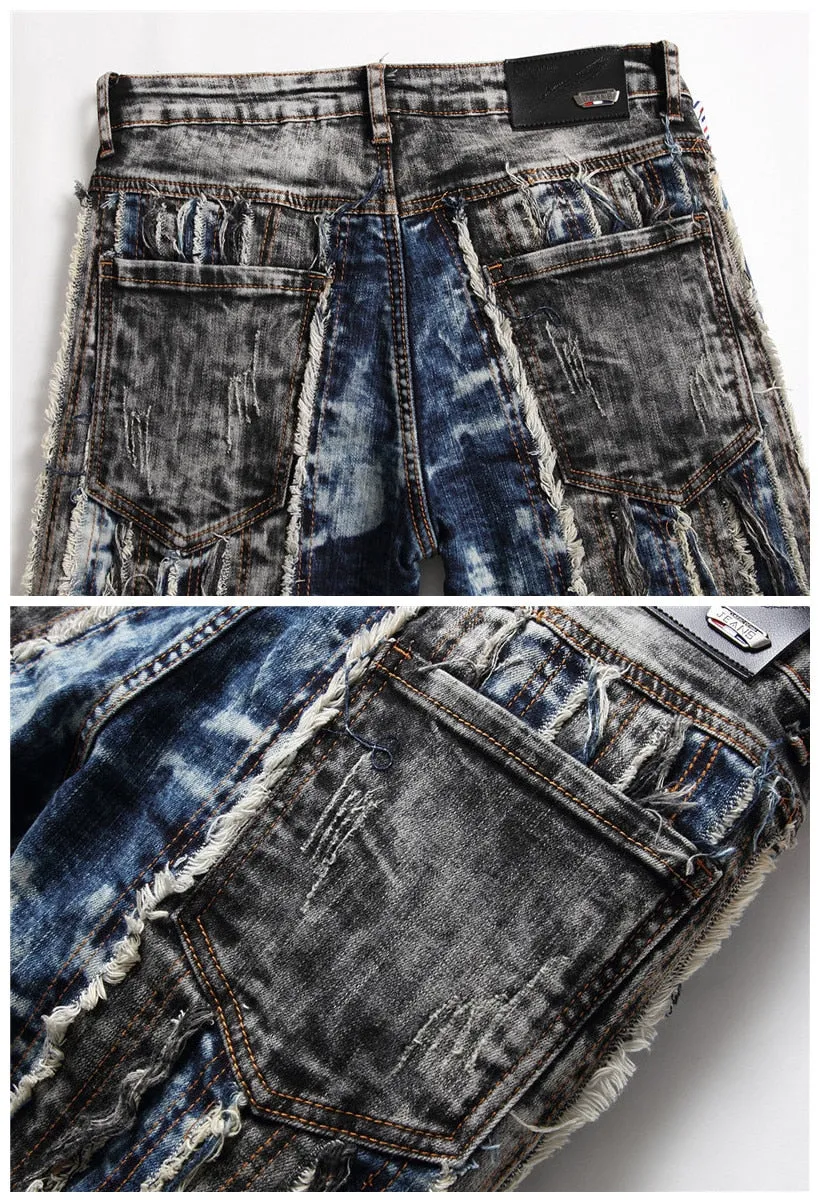 Men's Hip-Hop Denim Patchwork Splicing Color Slim Fit Skinny Jeans Pants