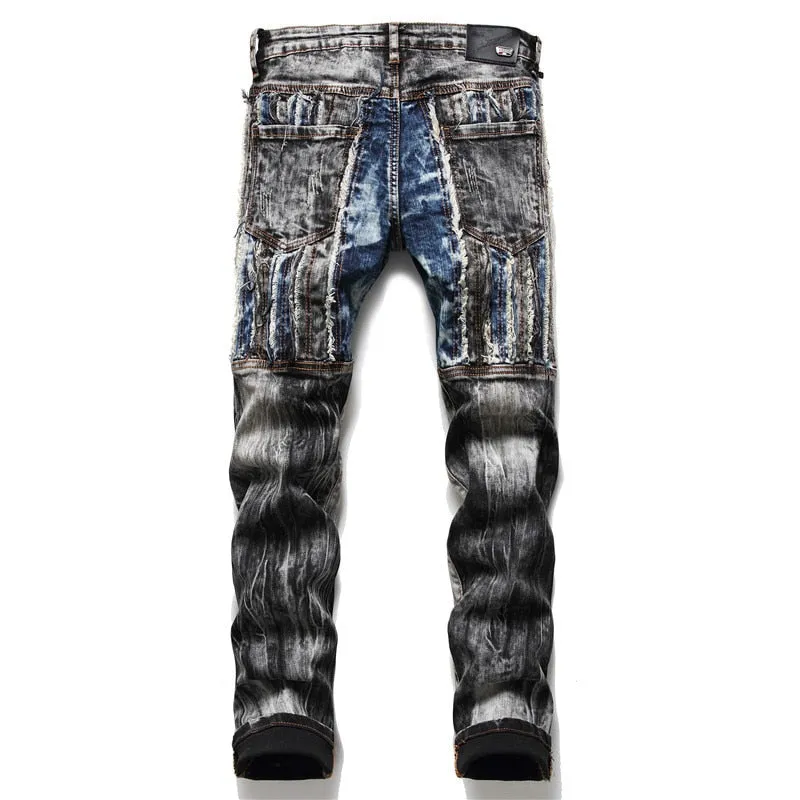 Men's Hip-Hop Denim Patchwork Splicing Color Slim Fit Skinny Jeans Pants