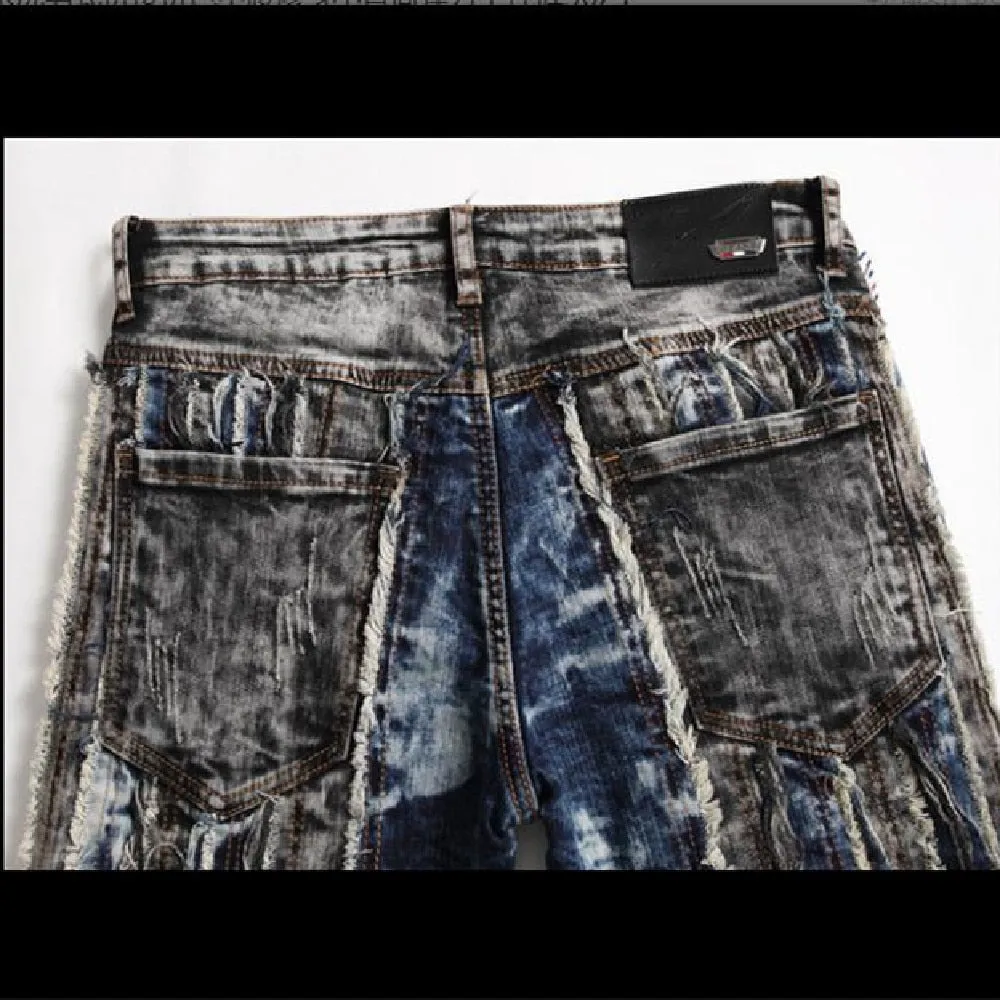 Men's Hip-Hop Denim Patchwork Splicing Color Slim Fit Skinny Jeans Pants