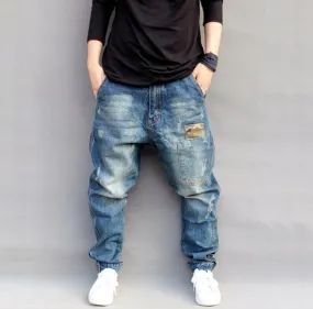 Men's Hip Hop Mid Waist Streetwear Loose Fit Denim Harlan Harem Pants