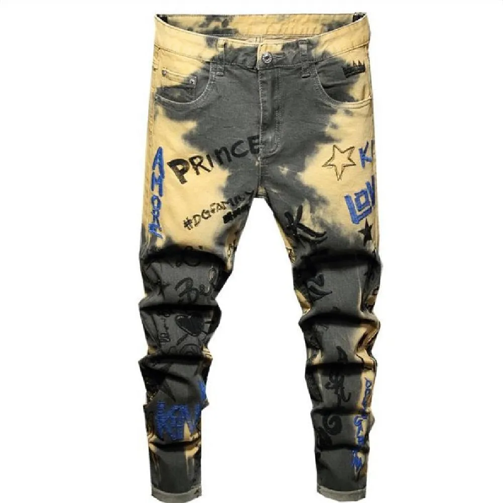 Men's Punk Style Embroidery Printed Pattern Casual Skinny Jeans Pants