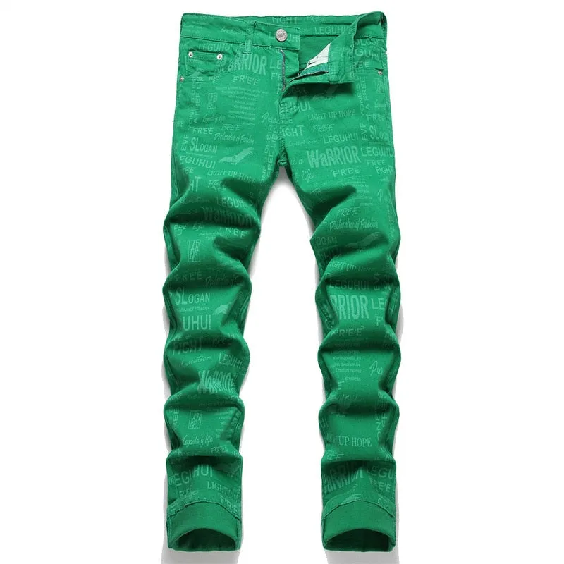 Men's Summer Europe United State Green Digital Print Skinny Midwaist Jeans