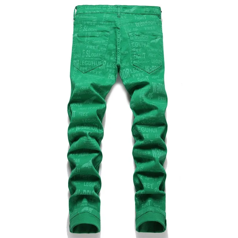 Men's Summer Europe United State Green Digital Print Skinny Midwaist Jeans