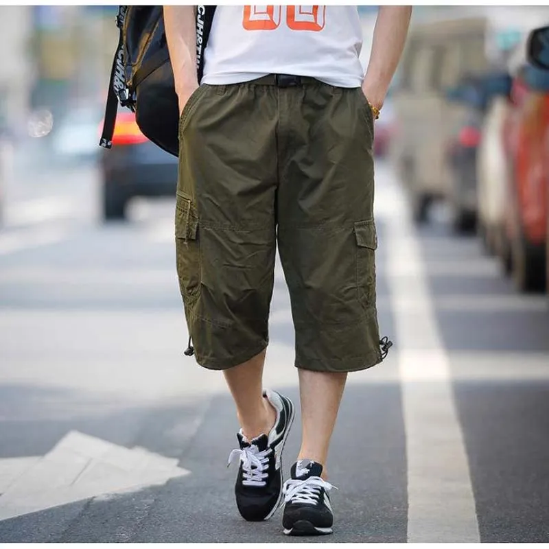 Men's Summer Polyester Elastic Waist Cropped Loose Leisure Cargo Shorts