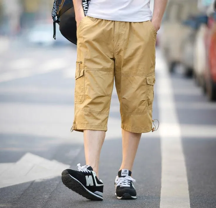 Men's Summer Polyester Elastic Waist Cropped Loose Leisure Cargo Shorts