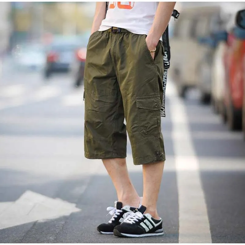 Men's Summer Polyester Elastic Waist Cropped Loose Leisure Cargo Shorts