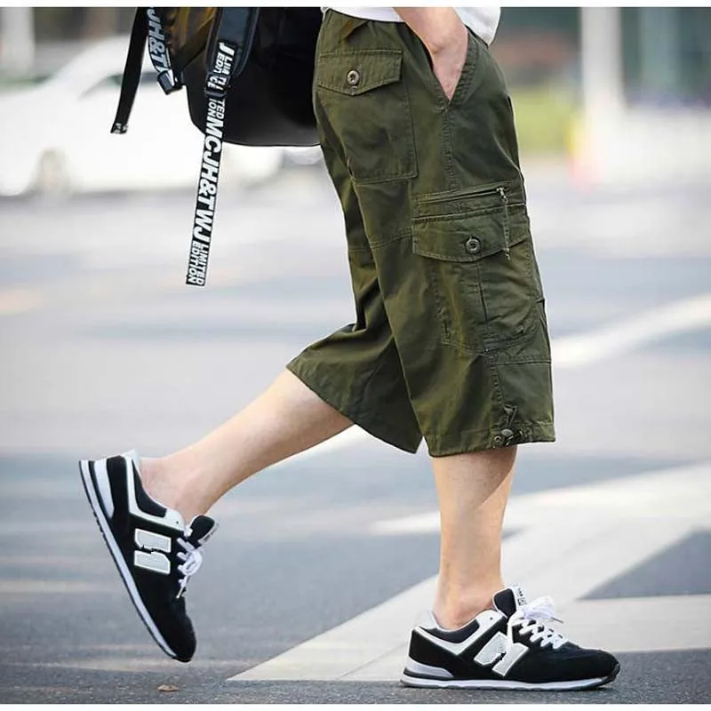 Men's Summer Polyester Elastic Waist Cropped Loose Leisure Cargo Shorts