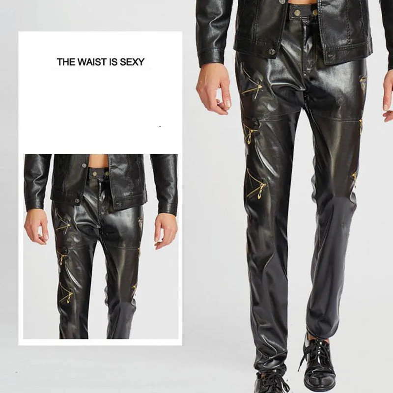 Men's Synthetic Leather Sexy Punk Style Motorcycle Slim Fit Casual Pants