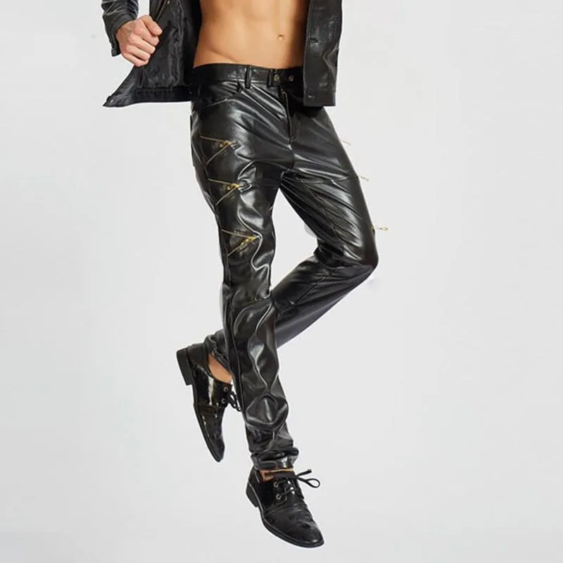 Men's Synthetic Leather Sexy Punk Style Motorcycle Slim Fit Casual Pants