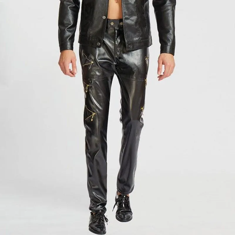 Men's Synthetic Leather Sexy Punk Style Motorcycle Slim Fit Casual Pants