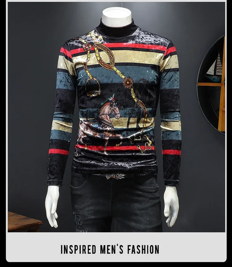 Men's Winter High Neck Casual Contrast Striped Printed Pattern Sweatshirt