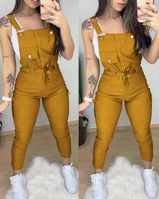 One-Piece Outfit Pocket Design Solid Suspender Jumpsuit